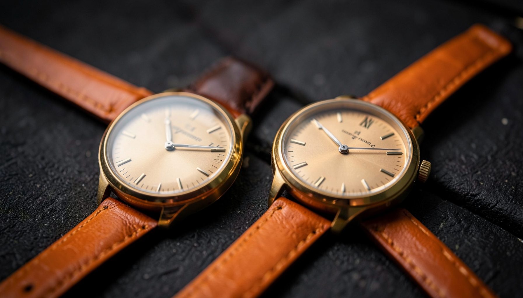 A softly lit arrangement of two classic wristwatches with leather straps on a dark textured surface, conveying understated luxury.